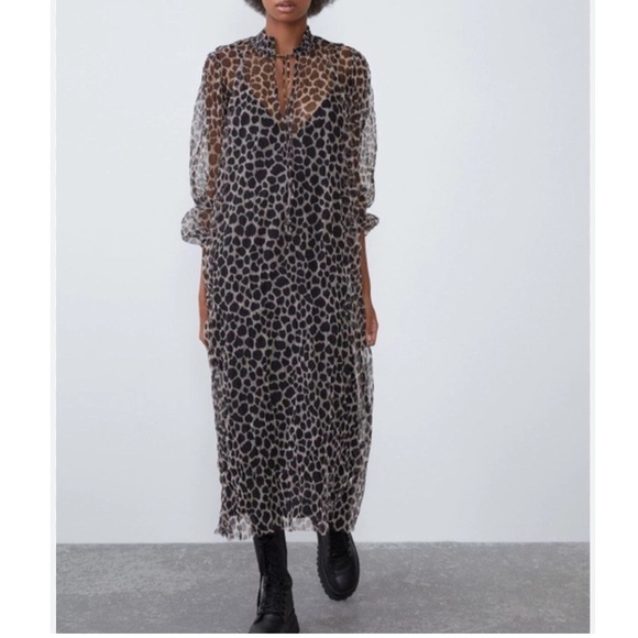 Zara animal print midi dress tulle mesh mock neck front tie goth gothic witch S - Picture 9 of 9